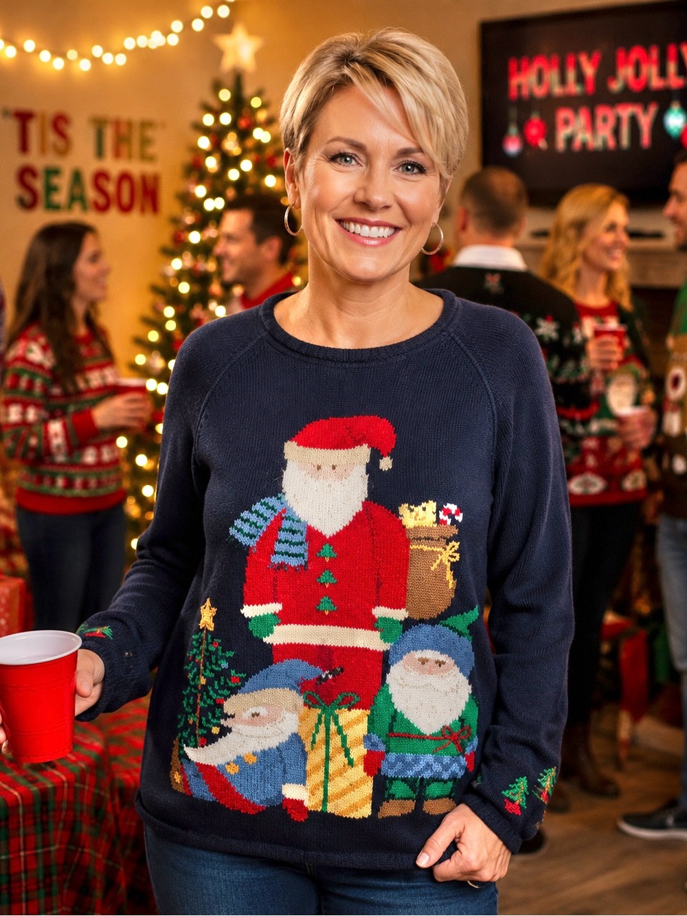 Northern Isles Womens Sz L Blue Ugly Christmas Sweater Christmas Tree Two Elves